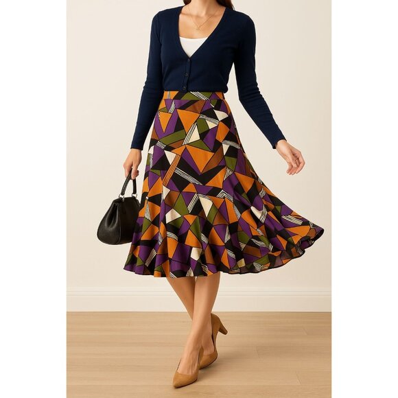 Briggs New York Vintage Inspired Geometric Flare Skirt Abstract Midi Style Sz M - Picture 6 of 12